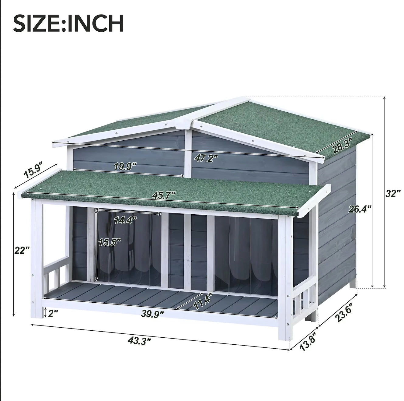 Dog House Outdoor, Outdoor & Indoor Dog Crate, Cabin Style, with Porch, 2 Doors