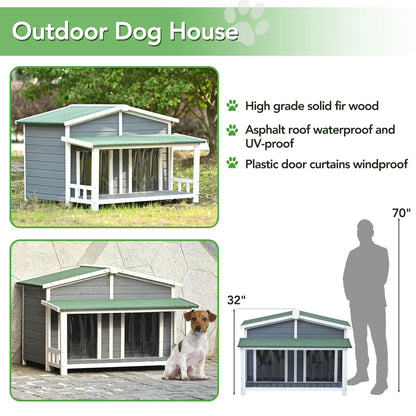 Dog House Outdoor, Outdoor & Indoor Dog Crate, Cabin Style, with Porch, 2 Doors